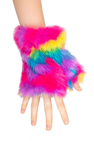 Flauschiges Festival Handschuhe fingerlos in Regenbogenfarben