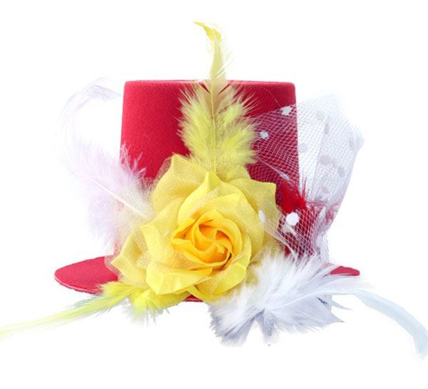 Mini Hut rot weiß gelbe Rose mit Federkugeln