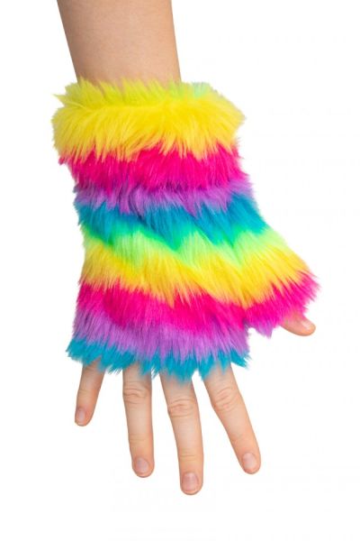 Flauschiges Festival Handschuhe fingerlos in Regenbogenstreifen