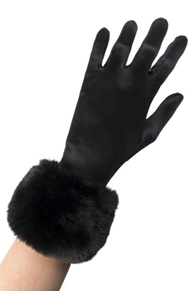 Handschuhe Satin mit Pelzbesatz Schwarz
