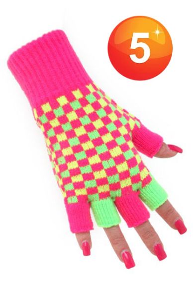 Neon Fingerlose Handschuhe rosa grün gelb kariert